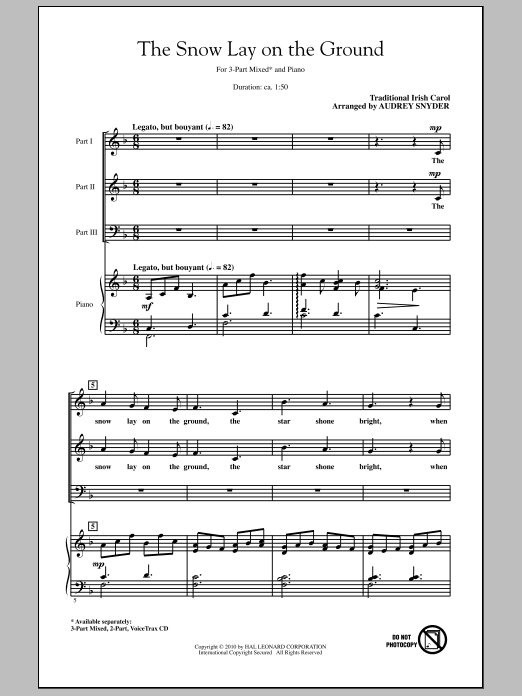 Download Audrey Snyder The Snow Lay On The Ground Sheet Music and learn how to play 3-Part Mixed Choir PDF digital score in minutes