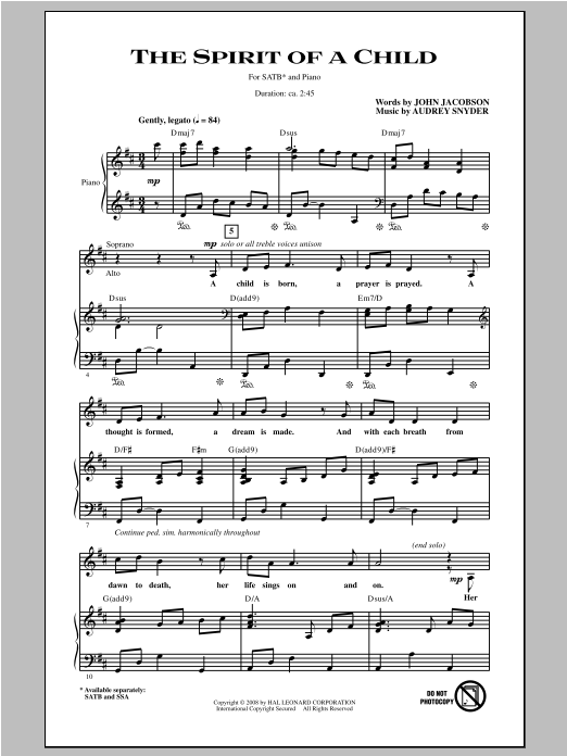 Download Audrey Snyder The Spirit Of A Child Sheet Music and learn how to play SATB PDF digital score in minutes