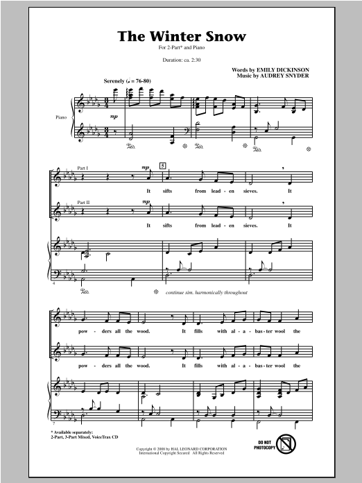Download Audrey Snyder The Winter Snow Sheet Music and learn how to play 3-Part Mixed PDF digital score in minutes