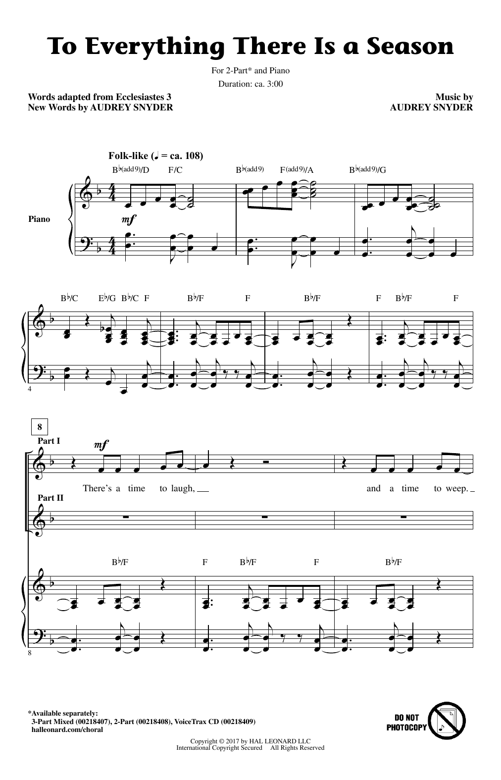 Download Audrey Snyder To Everything There Is A Season Sheet Music and learn how to play 2-Part Choir PDF digital score in minutes
