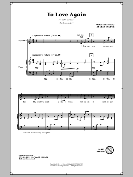 Download Audrey Snyder To Love Again Sheet Music and learn how to play SSA PDF digital score in minutes