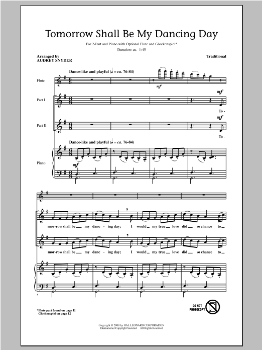Download Traditional Tomorrow Shall Be My Dancing Day (arr. Audrey Snyder) Sheet Music and learn how to play 2-Part Choir PDF digital score in minutes