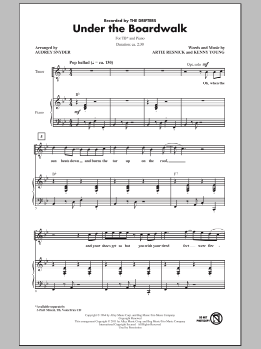 Download The Drifters Under The Boardwalk (arr. Audrey Snyder) Sheet Music and learn how to play 3-Part Mixed PDF digital score in minutes