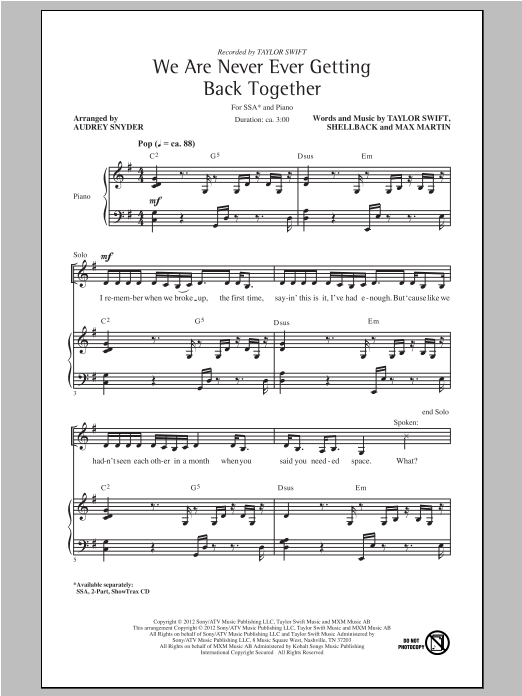 Download Taylor Swift We Are Never Ever Getting Back Together (arr. Audrey Snyder) Sheet Music and learn how to play 2-Part Choir PDF digital score in minutes