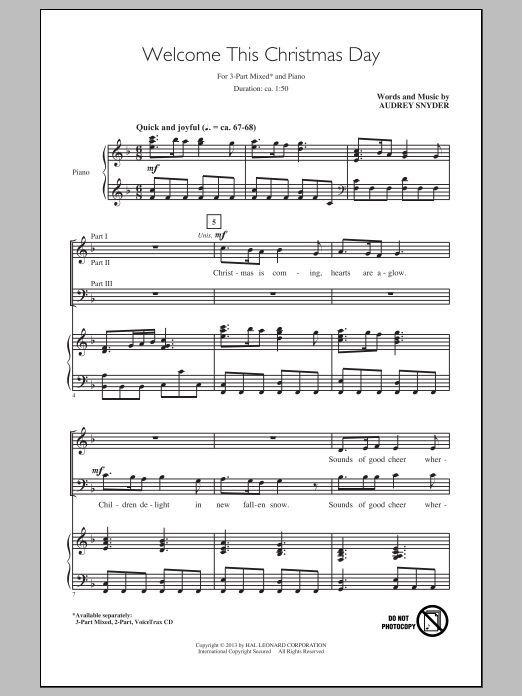 Download Audrey Snyder Welcome This Christmas Day Sheet Music and learn how to play 3-Part Mixed PDF digital score in minutes
