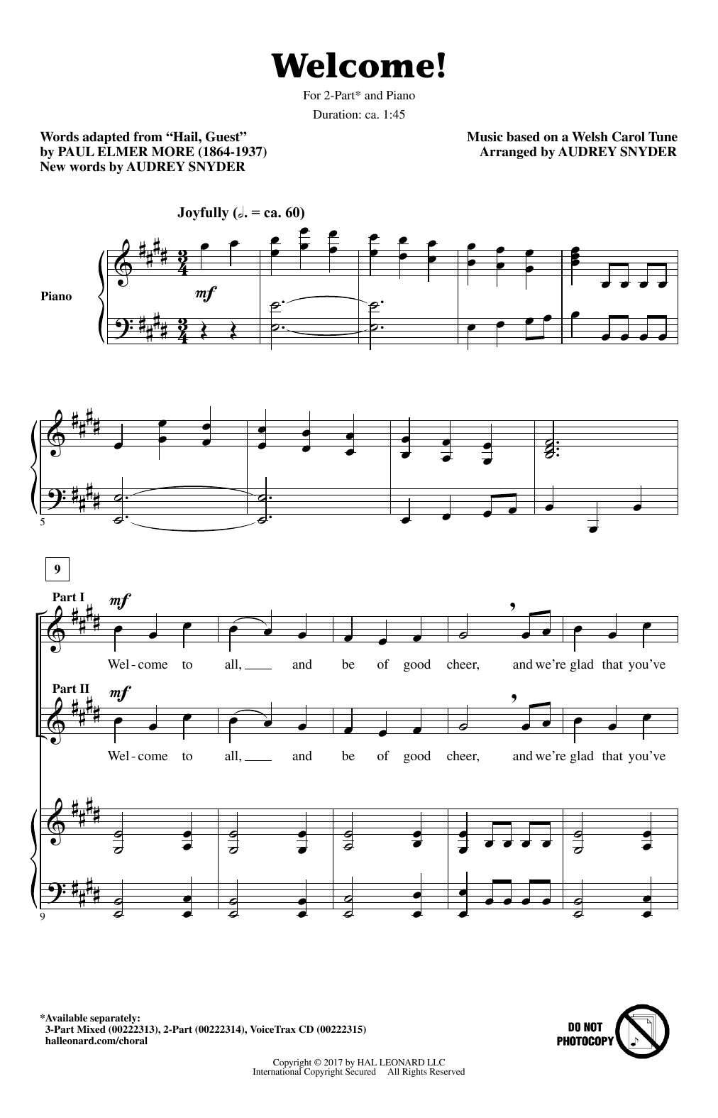 Download Audrey Snyder Welcome! Sheet Music and learn how to play 2-Part Choir PDF digital score in minutes