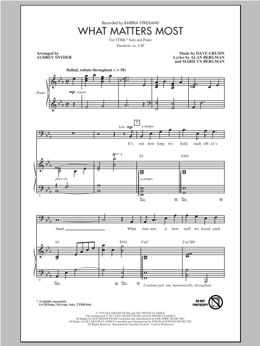 Download Barbra Streisand What Matters Most (arr. Audrey Snyder) Sheet Music and learn how to play TTBB PDF digital score in minutes