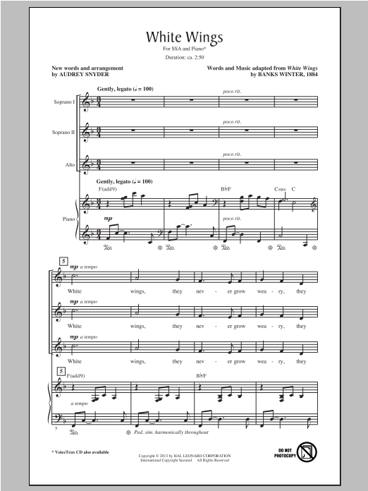 Download Banks Winter White Wings (arr. Audrey Snyder) Sheet Music and learn how to play SSA PDF digital score in minutes