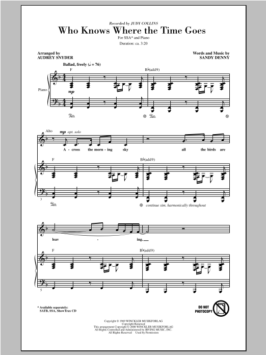 Download Judy Collins Who Knows Where The Time Goes (arr. Audrey Snyder) Sheet Music and learn how to play SATB PDF digital score in minutes