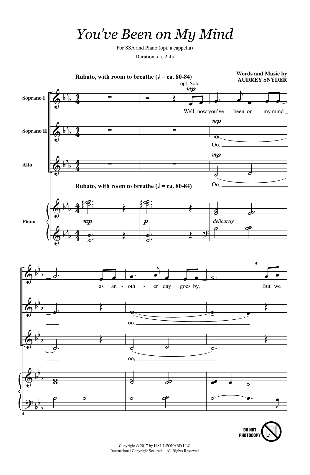Download Audrey Snyder You've Been On My Mind Sheet Music and learn how to play SSA PDF digital score in minutes