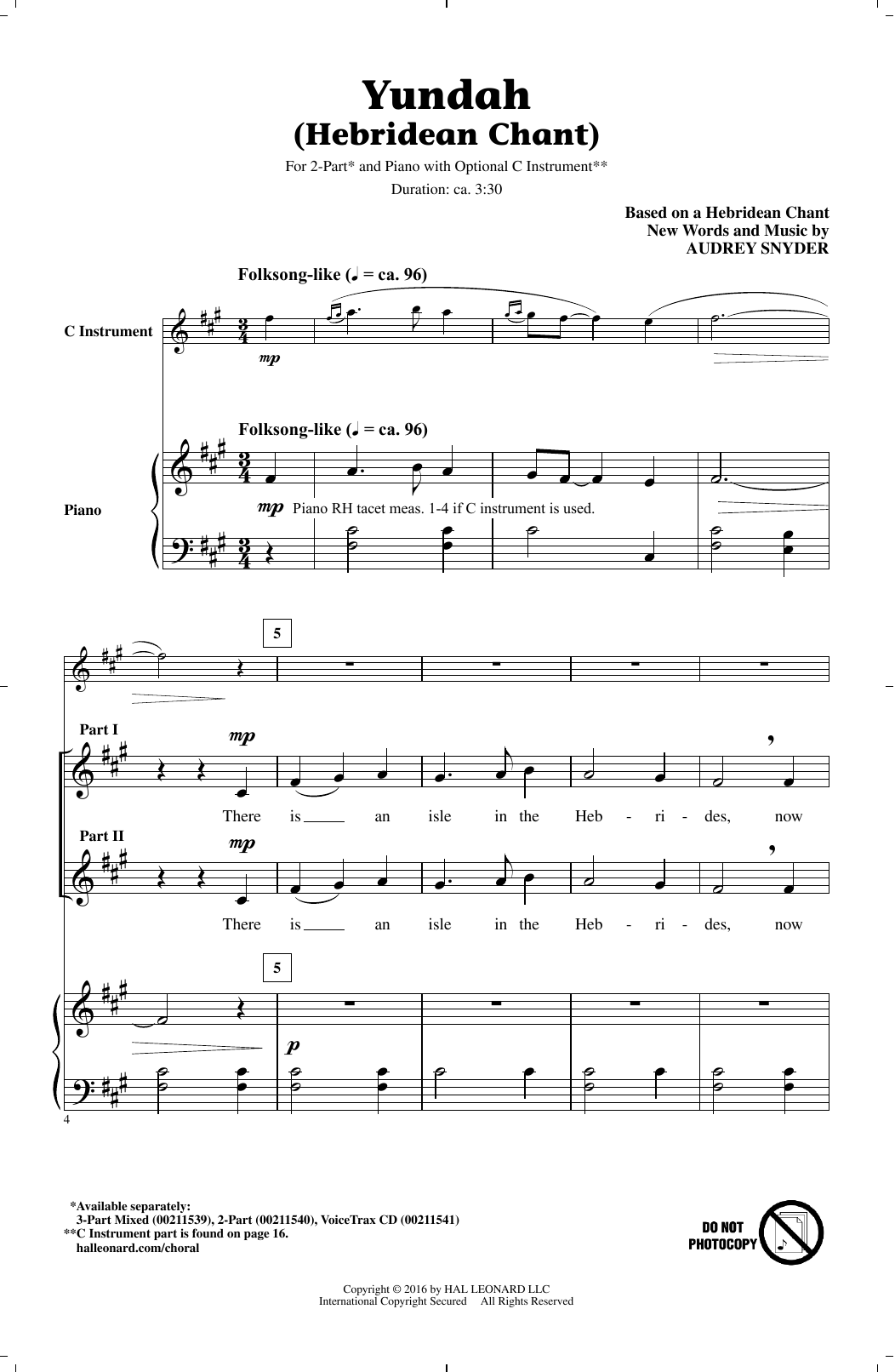 Download Audrey Snyder Yundah (Hebridean Chant) Sheet Music and learn how to play 2-Part Choir PDF digital score in minutes