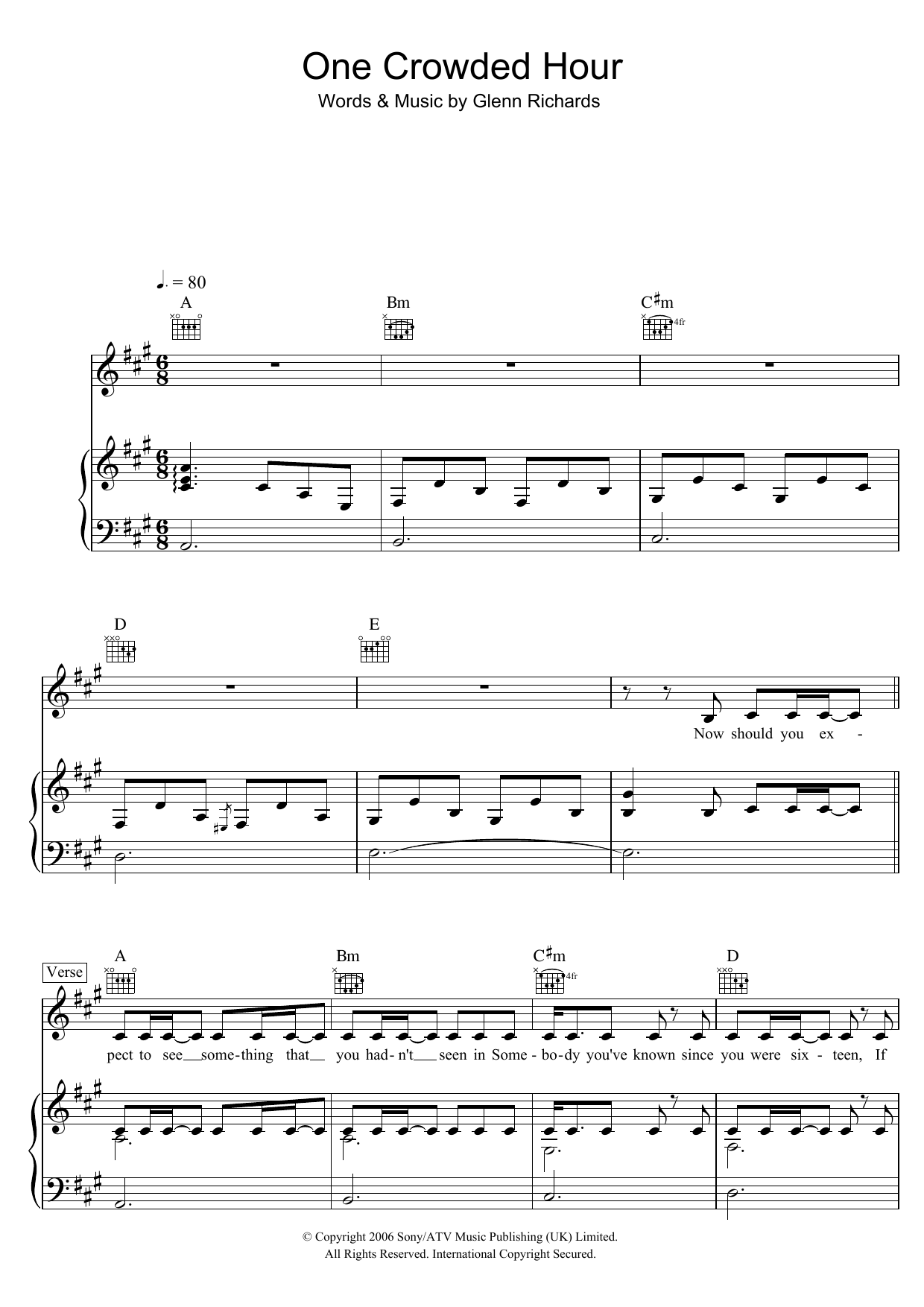 Download Augie March One Crowded Hour Sheet Music and learn how to play Piano, Vocal & Guitar (Right-Hand Melody) PDF digital score in minutes