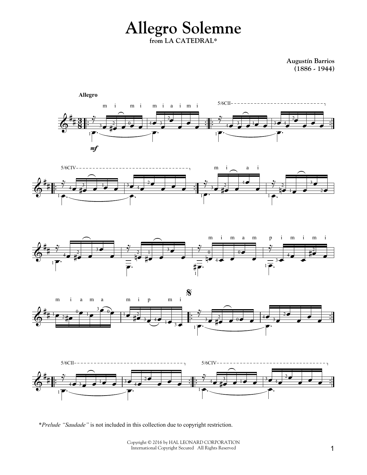 Download Augustin Barrios Mangore Allegro Solemne Sheet Music and learn how to play Guitar Tab PDF digital score in minutes