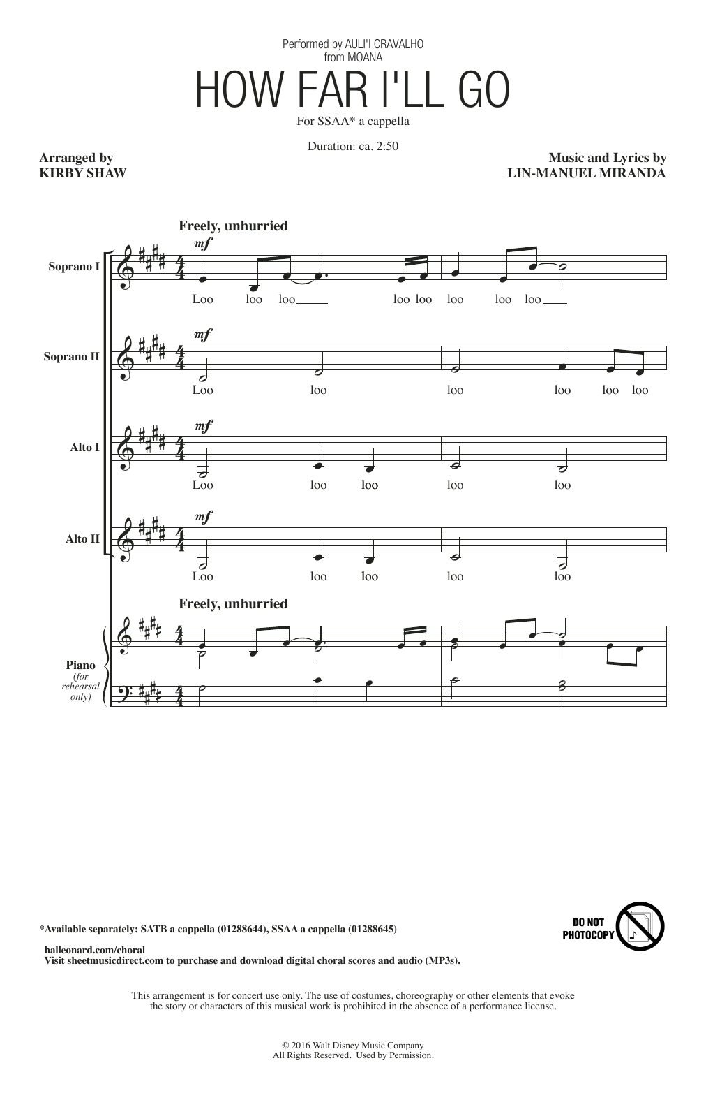 Download Auliʻi Cravalho How Far I'll Go (from Moana) (arr. Kirby Shaw) Sheet Music and learn how to play SSAA Choir PDF digital score in minutes