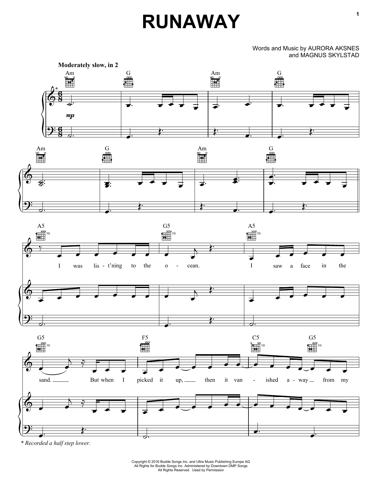 Download AURORA Runaway Sheet Music and learn how to play Piano, Vocal & Guitar Chords (Right-Hand Melody) PDF digital score in minutes