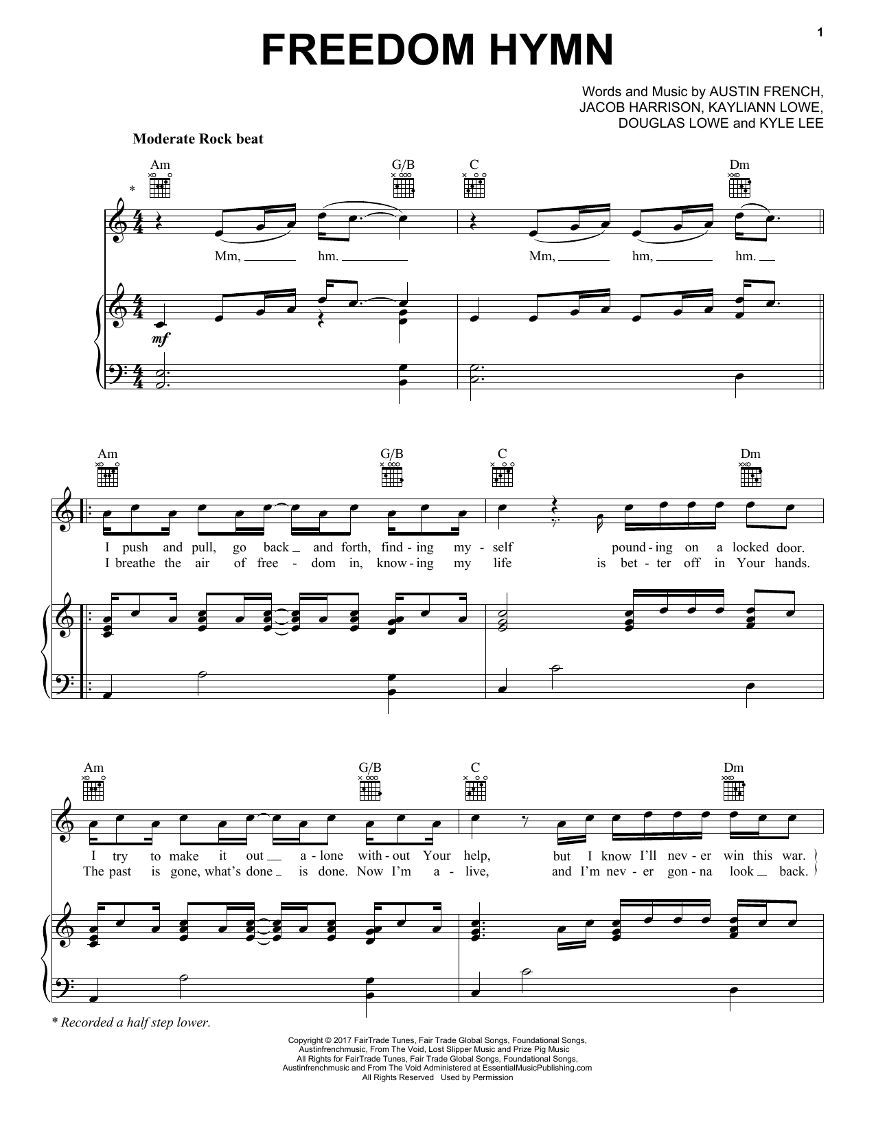 Download Austin French Freedom Hymn Sheet Music and learn how to play Piano, Vocal & Guitar Chords (Right-Hand Melody) PDF digital score in minutes