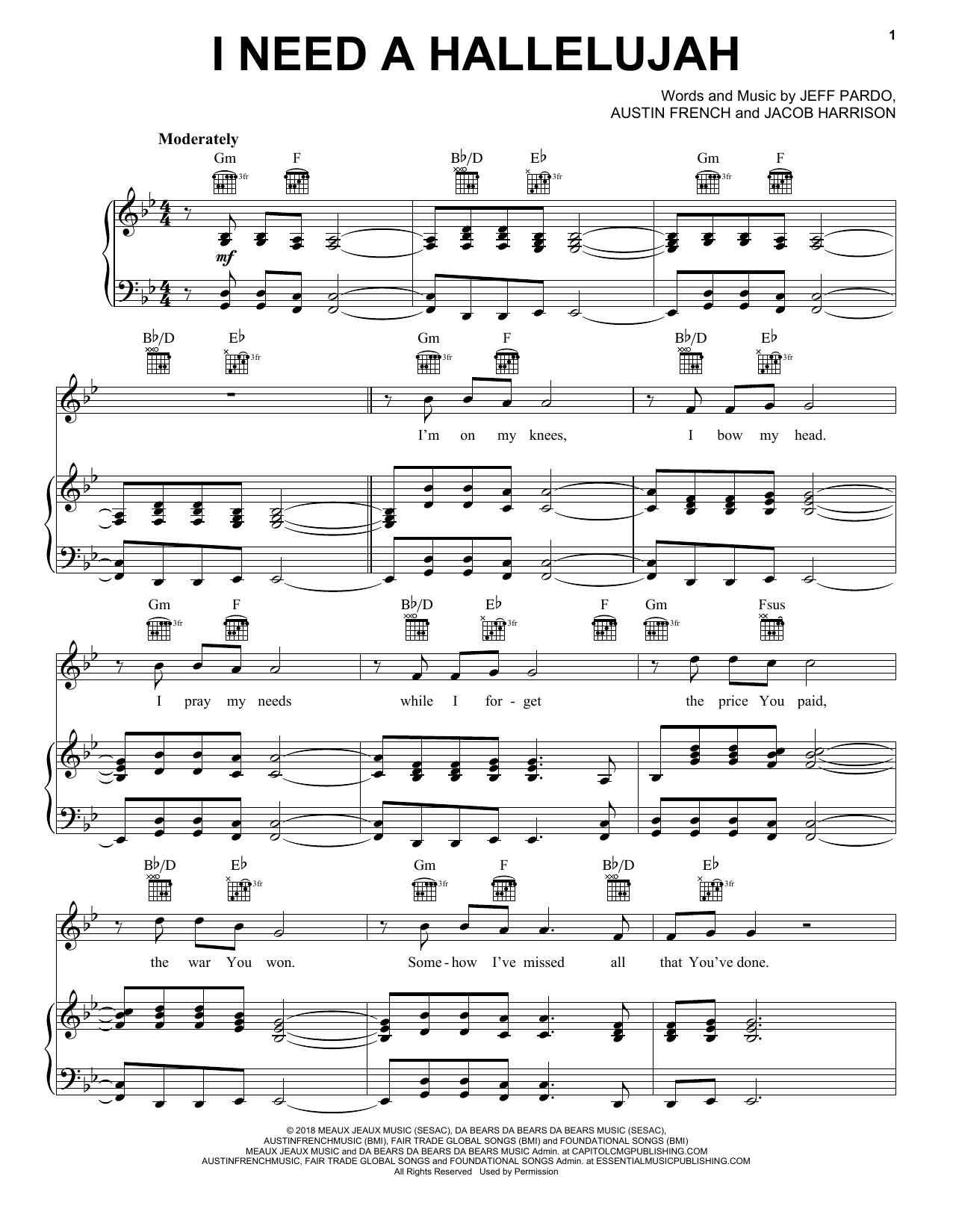 Download Austin French I Need A Hallelujah Sheet Music and learn how to play Piano, Vocal & Guitar Chords (Right-Hand Melody) PDF digital score in minutes
