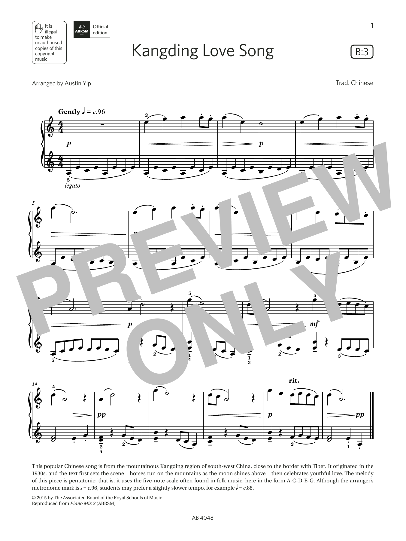 Download Austin Yip Kangding Love Song (Grade 2, list B3, from the ABRSM Piano Syllabus 2023 & 2024) Sheet Music and learn how to play Piano Solo PDF digital score in minutes