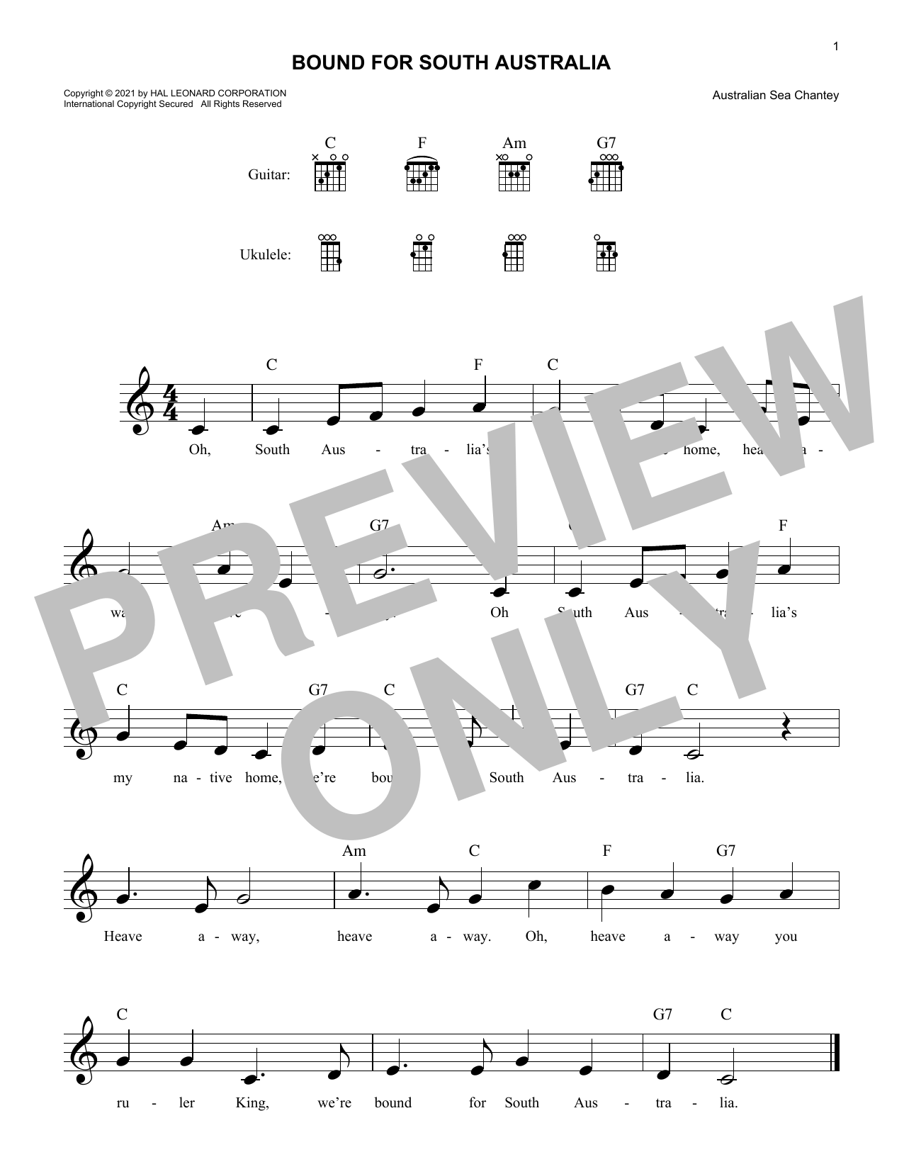 Download Australian Sea Chanty Bound For South Australia Sheet Music and learn how to play Lead Sheet / Fake Book PDF digital score in minutes