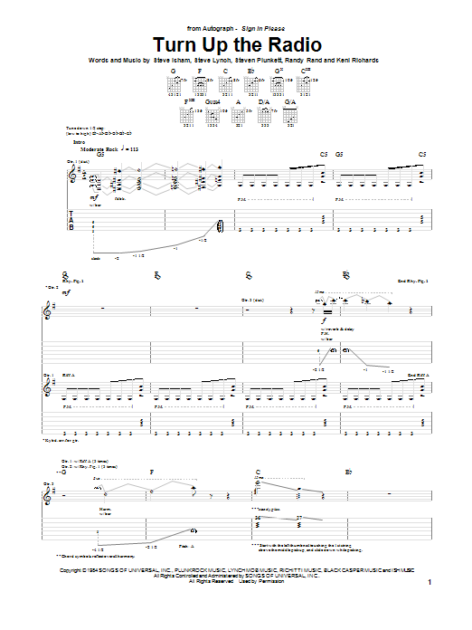 Download Autograph Turn Up The Radio Sheet Music and learn how to play Guitar Tab (Single Guitar) PDF digital score in minutes