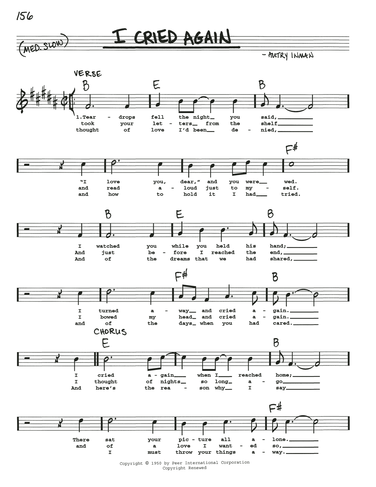 Download Autry Inman I Cried Again Sheet Music and learn how to play Real Book – Melody, Lyrics & Chords PDF digital score in minutes