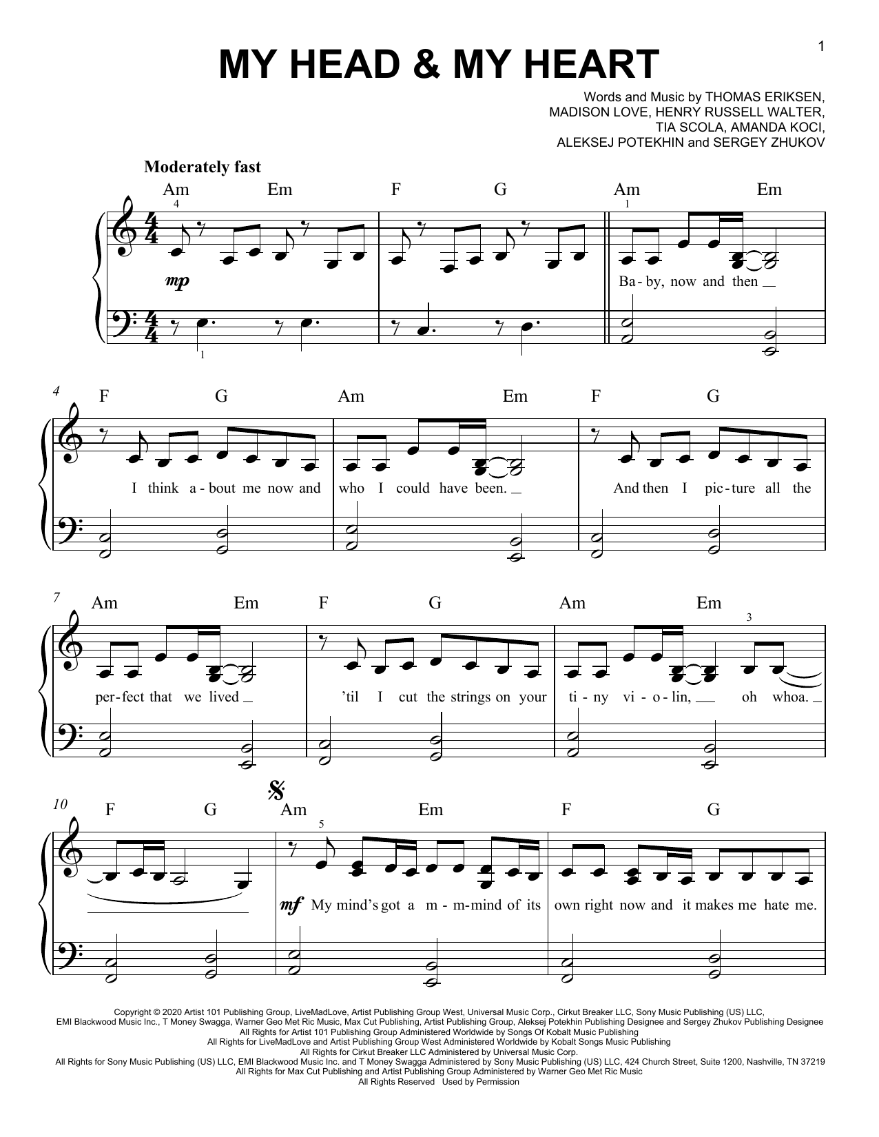 Download Ava Max My Head & My Heart Sheet Music and learn how to play Easy Piano PDF digital score in minutes