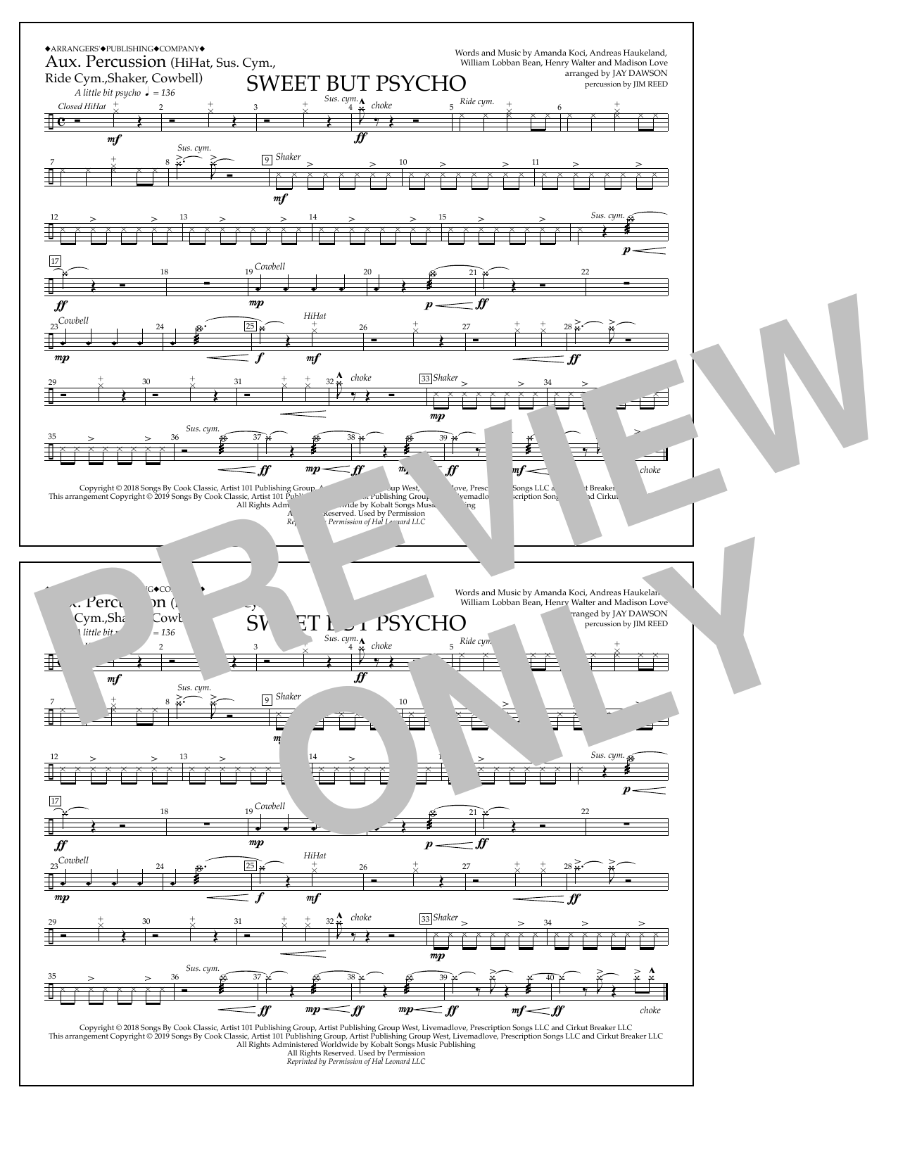 Download Ava Max Sweet But Psycho (arr. Jay Dawson) - Aux. Percussion Sheet Music and learn how to play Marching Band PDF digital score in minutes