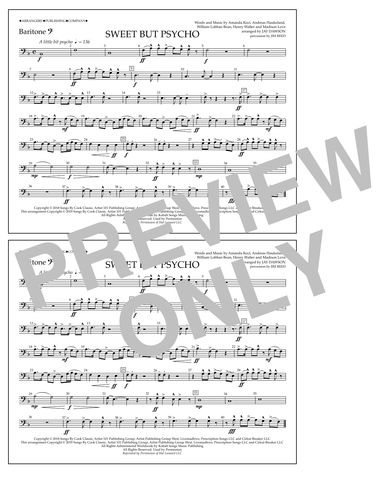 Download Ava Max Sweet But Psycho (arr. Jay Dawson) - Baritone B.C. Sheet Music and learn how to play Marching Band PDF digital score in minutes