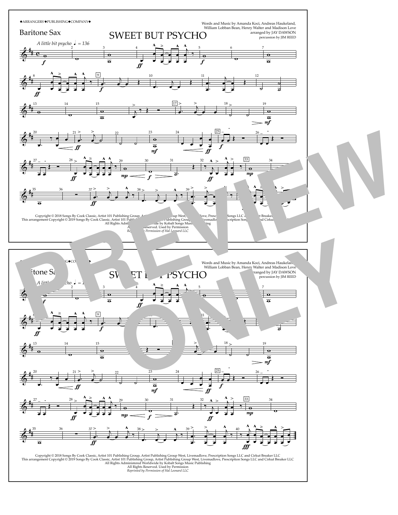 Download Ava Max Sweet But Psycho (arr. Jay Dawson) - Baritone Sax Sheet Music and learn how to play Marching Band PDF digital score in minutes
