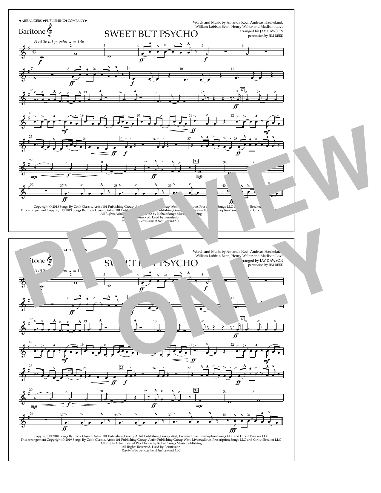 Download Ava Max Sweet But Psycho (arr. Jay Dawson) - Baritone T.C. Sheet Music and learn how to play Marching Band PDF digital score in minutes