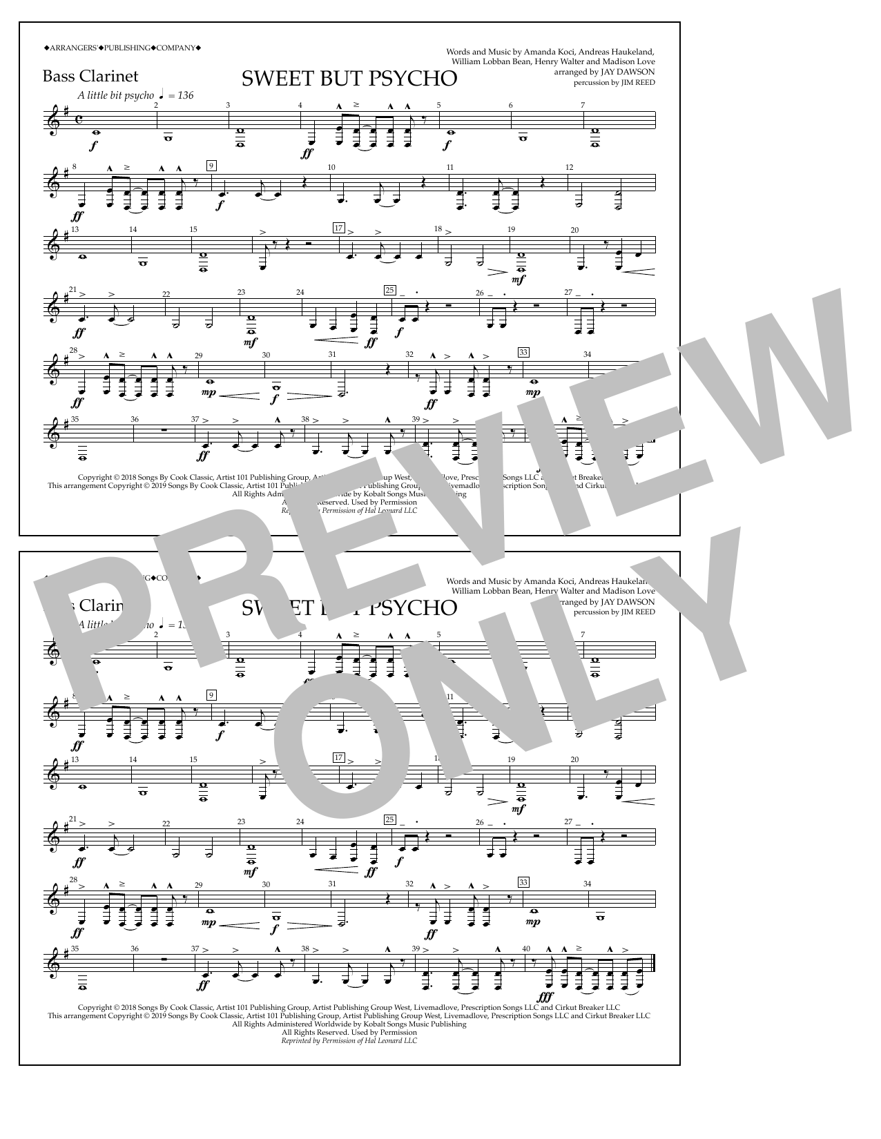 Download Ava Max Sweet But Psycho (arr. Jay Dawson) - Bass Clarinet Sheet Music and learn how to play Marching Band PDF digital score in minutes