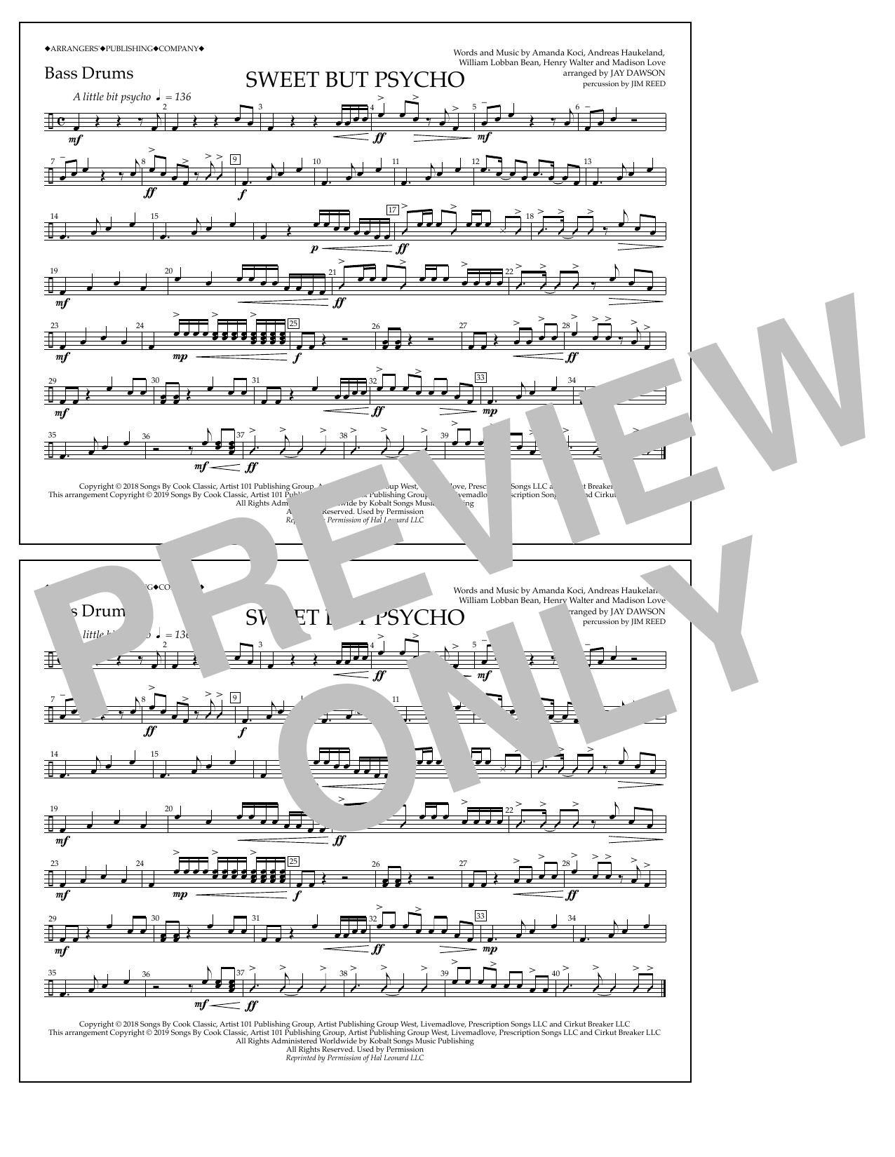 Download Ava Max Sweet But Psycho (arr. Jay Dawson) - Bass Drums Sheet Music and learn how to play Marching Band PDF digital score in minutes