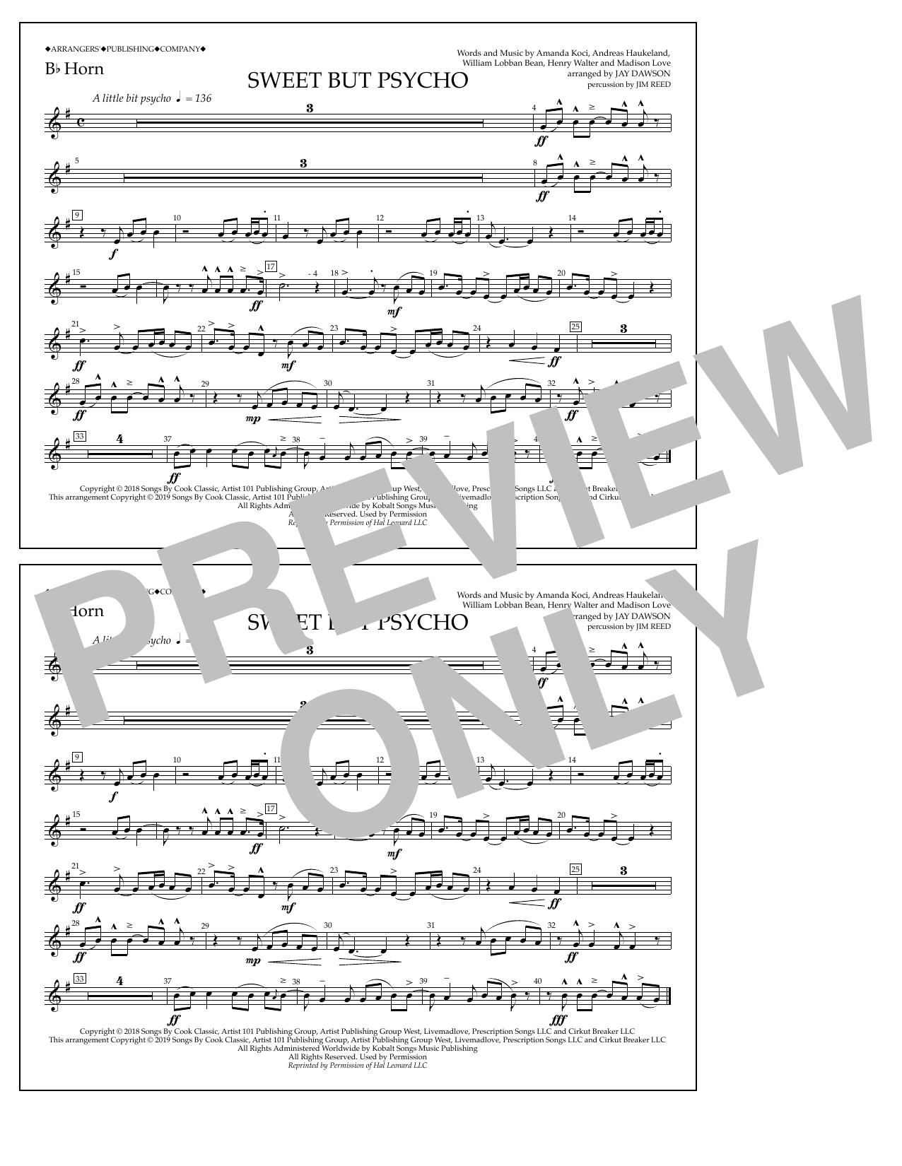 Download Ava Max Sweet But Psycho (arr. Jay Dawson) - Bb Horn Sheet Music and learn how to play Marching Band PDF digital score in minutes