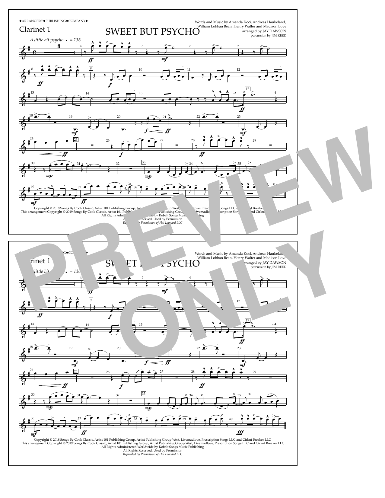Download Ava Max Sweet But Psycho (arr. Jay Dawson) - Clarinet 1 Sheet Music and learn how to play Marching Band PDF digital score in minutes