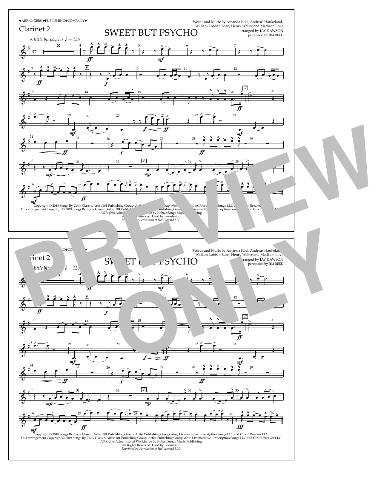 Download Ava Max Sweet But Psycho (arr. Jay Dawson) - Clarinet 2 Sheet Music and learn how to play Marching Band PDF digital score in minutes