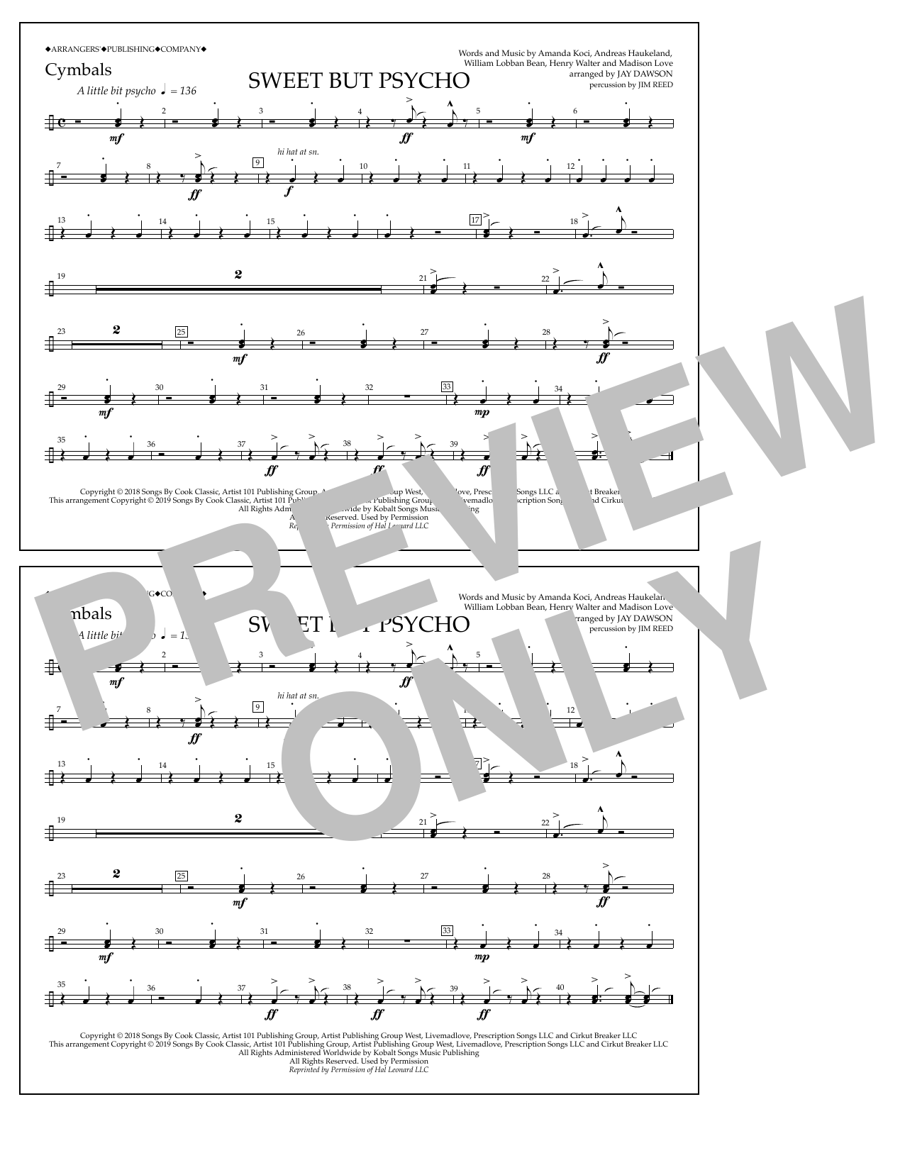 Download Ava Max Sweet But Psycho (arr. Jay Dawson) - Cymbals Sheet Music and learn how to play Marching Band PDF digital score in minutes