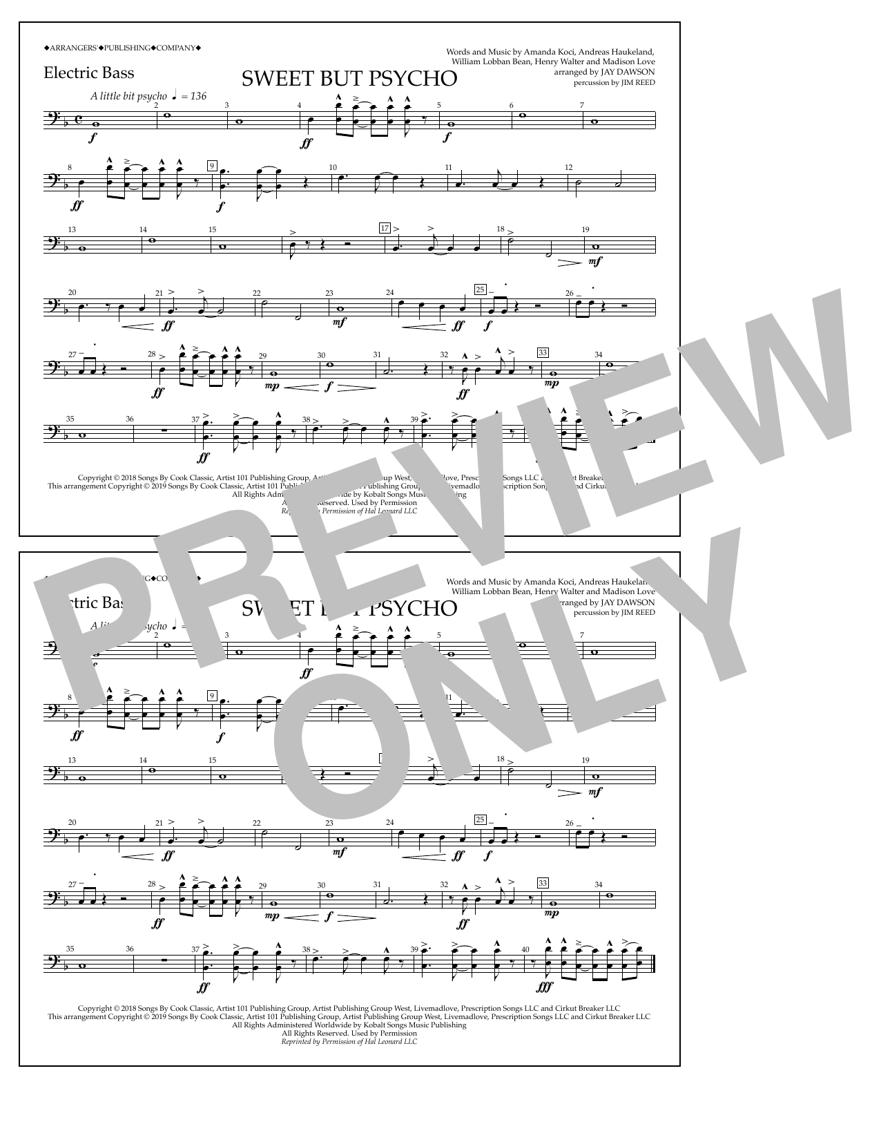 Download Ava Max Sweet But Psycho (arr. Jay Dawson) - Electric Bass Sheet Music and learn how to play Marching Band PDF digital score in minutes