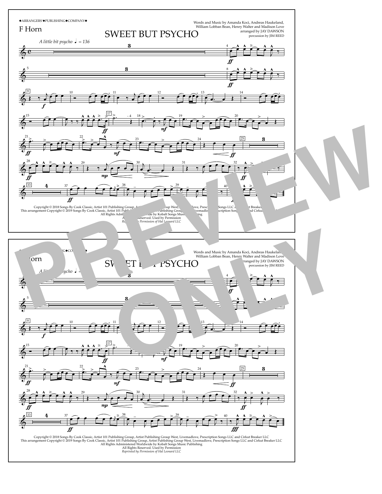 Download Ava Max Sweet But Psycho (arr. Jay Dawson) - F Horn Sheet Music and learn how to play Marching Band PDF digital score in minutes