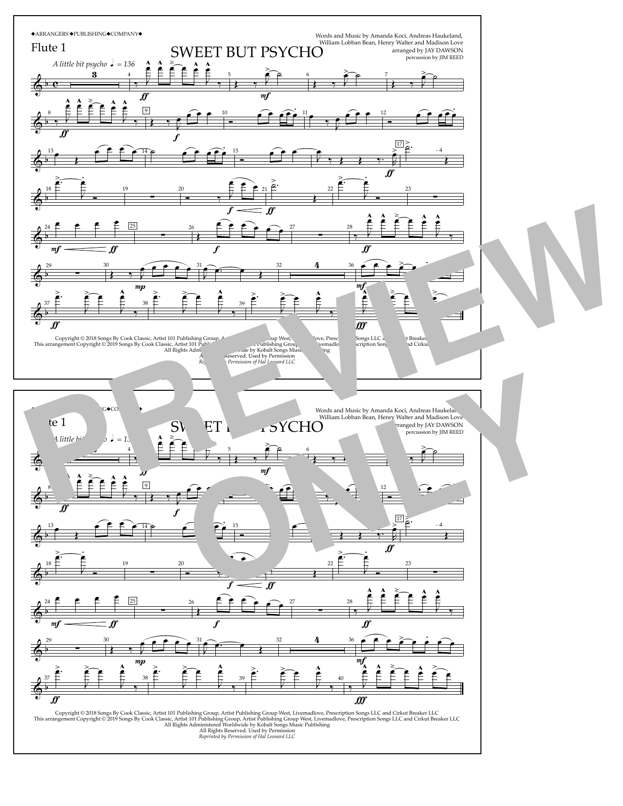 Download Ava Max Sweet But Psycho (arr. Jay Dawson) - Flute 1 Sheet Music and learn how to play Marching Band PDF digital score in minutes