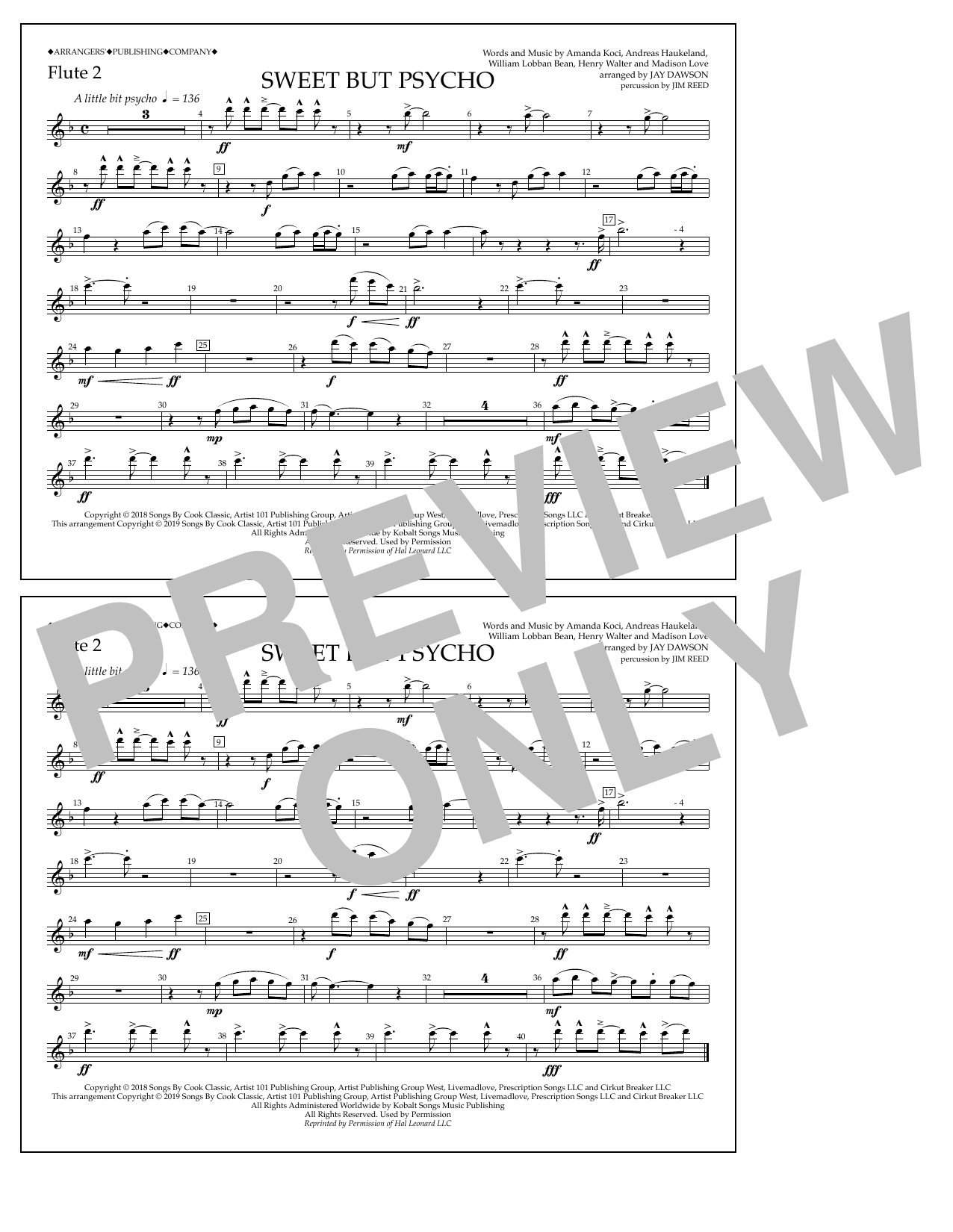 Download Ava Max Sweet But Psycho (arr. Jay Dawson) - Flute 2 Sheet Music and learn how to play Marching Band PDF digital score in minutes