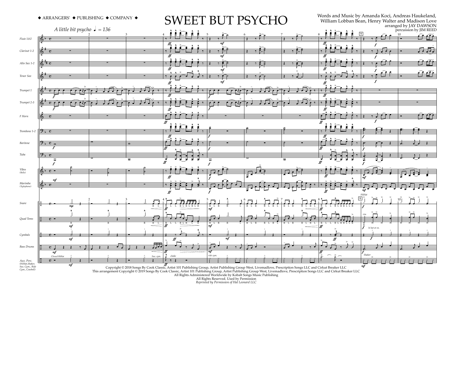 Download Ava Max Sweet But Psycho (arr. Jay Dawson) - Full Score Sheet Music and learn how to play Marching Band PDF digital score in minutes