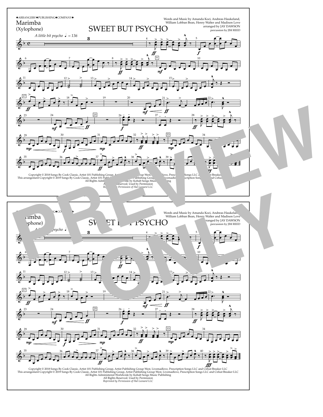 Download Ava Max Sweet But Psycho (arr. Jay Dawson) - Marimba Sheet Music and learn how to play Marching Band PDF digital score in minutes