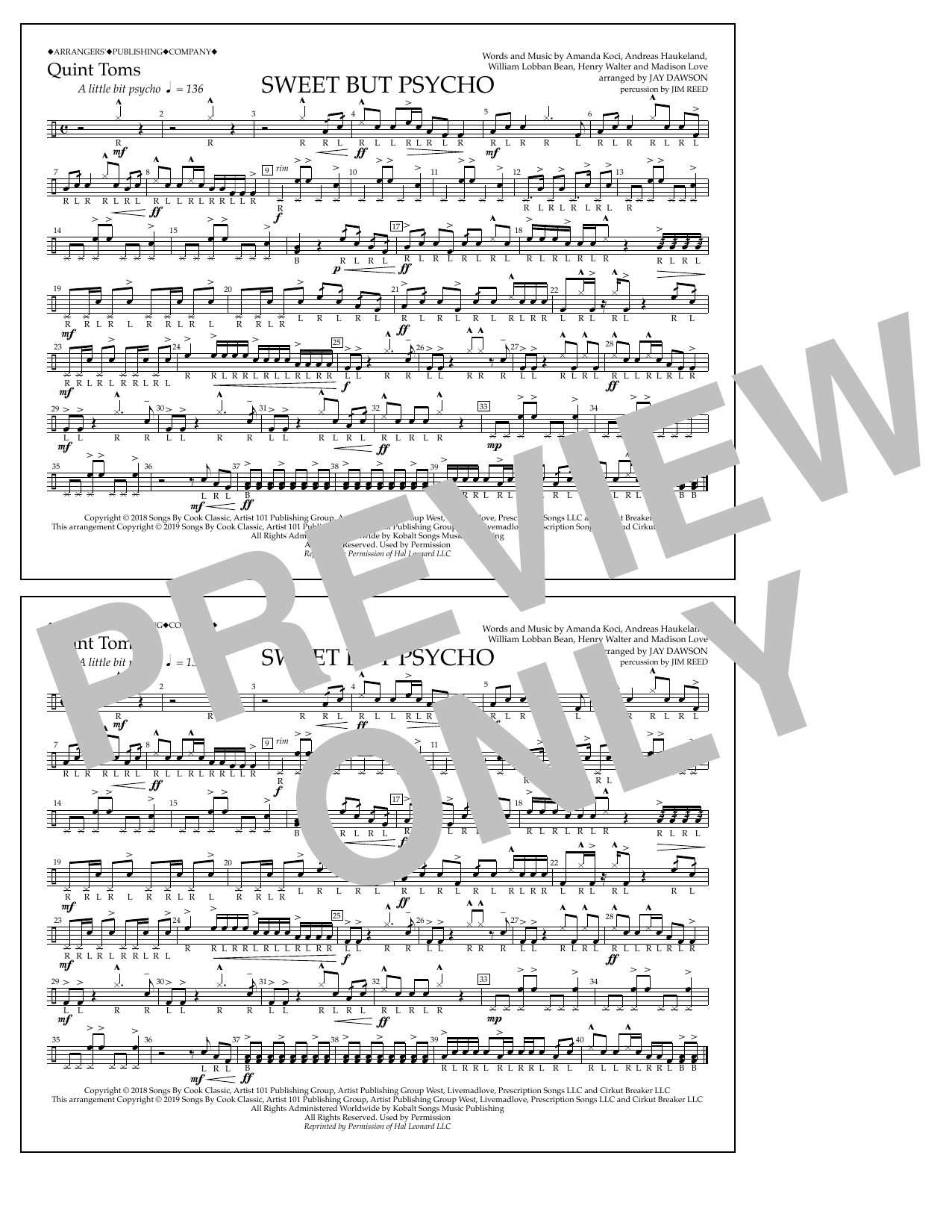 Download Ava Max Sweet But Psycho (arr. Jay Dawson) - Quint-Toms Sheet Music and learn how to play Marching Band PDF digital score in minutes