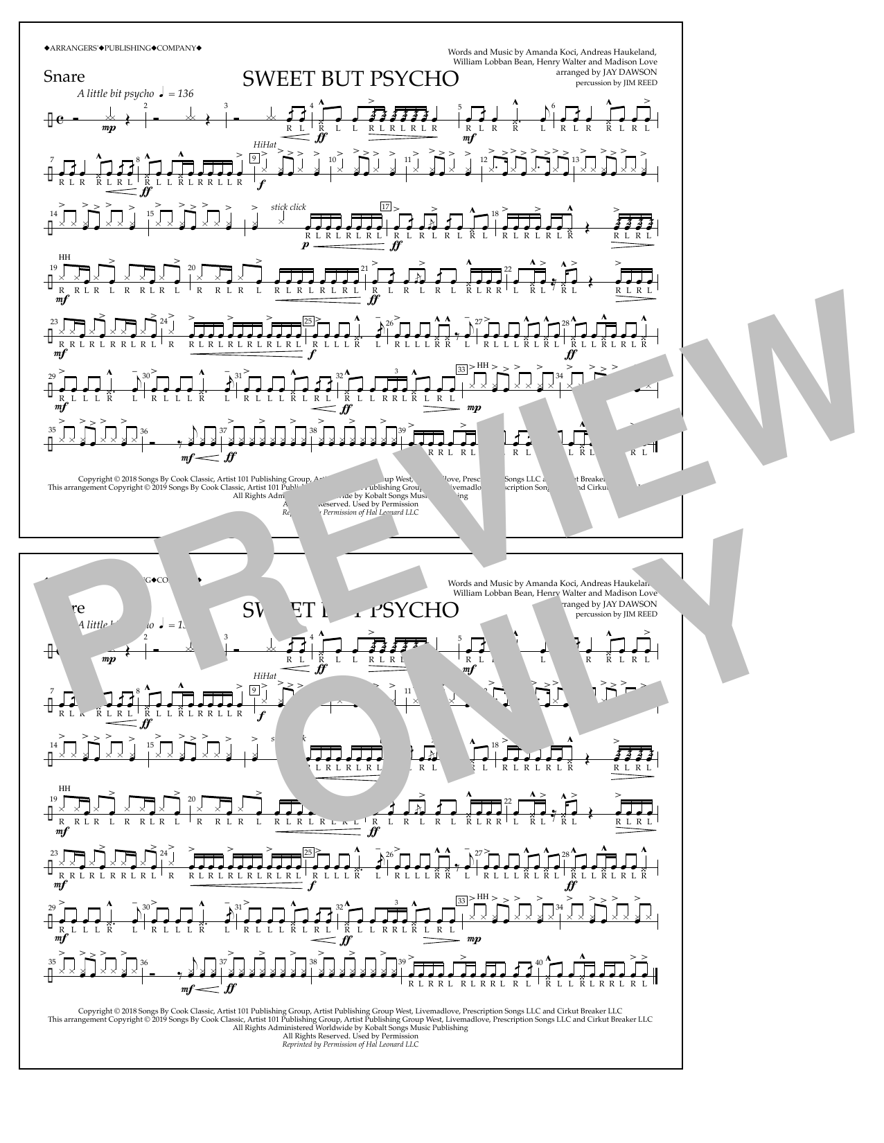 Download Ava Max Sweet But Psycho (arr. Jay Dawson) - Snare Sheet Music and learn how to play Marching Band PDF digital score in minutes