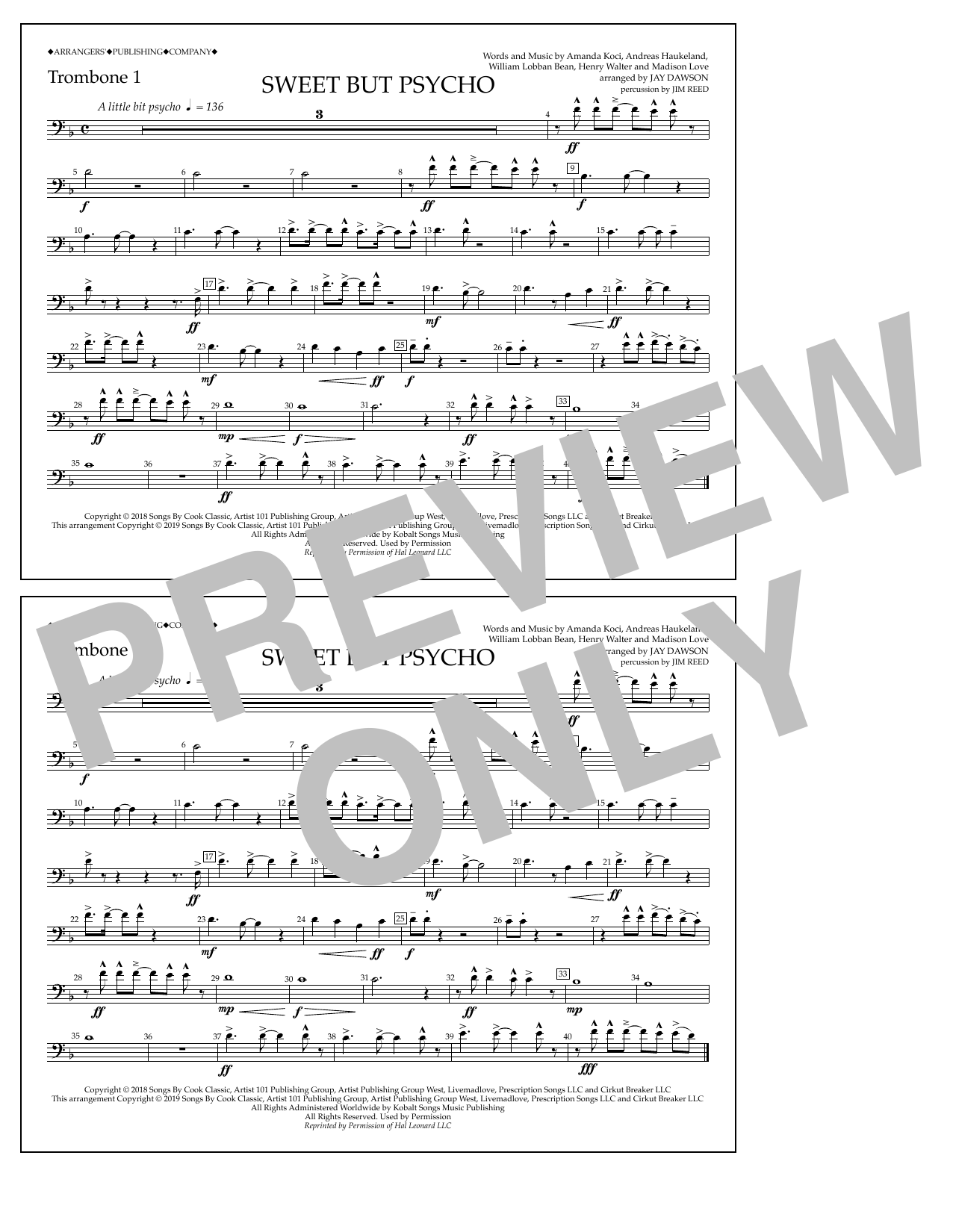 Download Ava Max Sweet But Psycho (arr. Jay Dawson) - Trombone 1 Sheet Music and learn how to play Marching Band PDF digital score in minutes