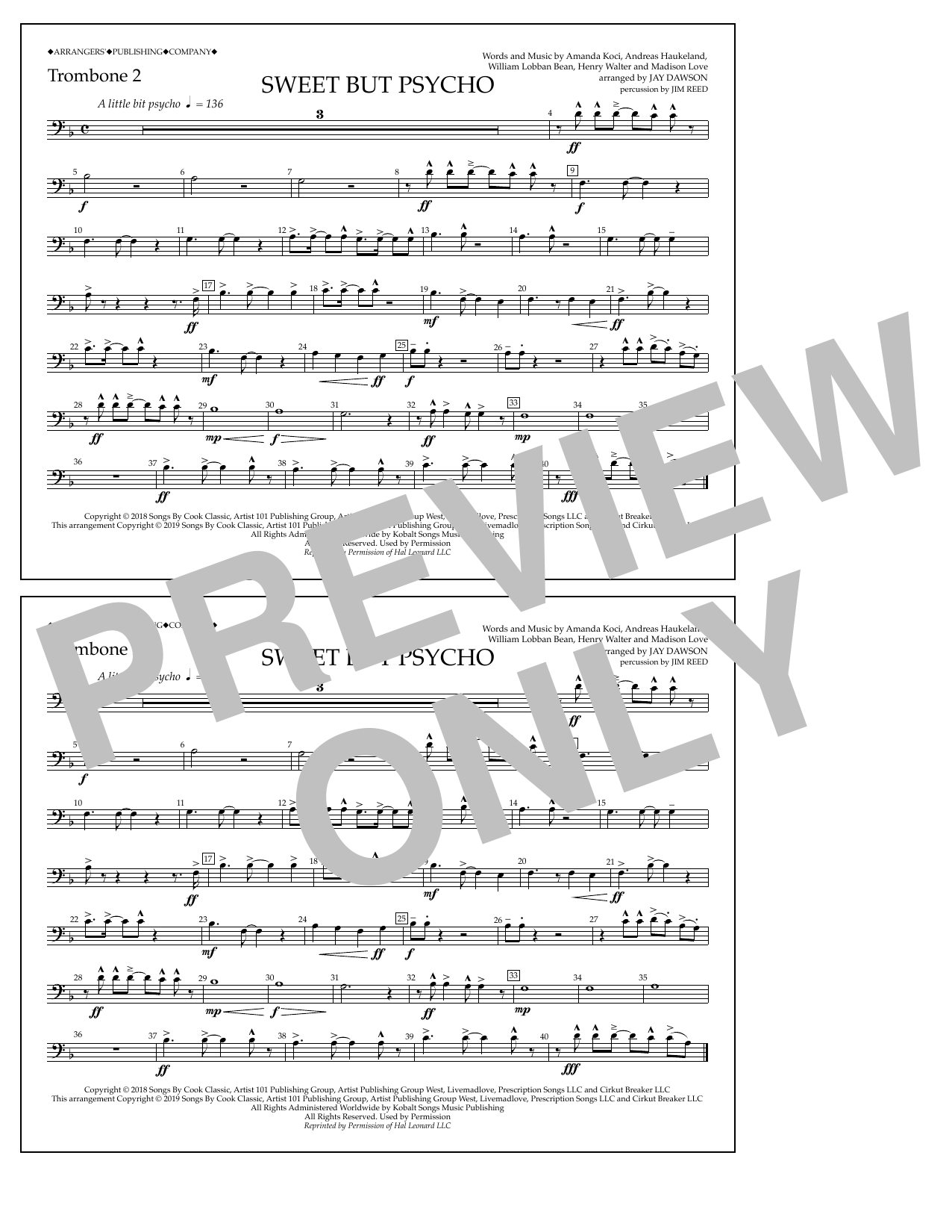 Download Ava Max Sweet But Psycho (arr. Jay Dawson) - Trombone 2 Sheet Music and learn how to play Marching Band PDF digital score in minutes