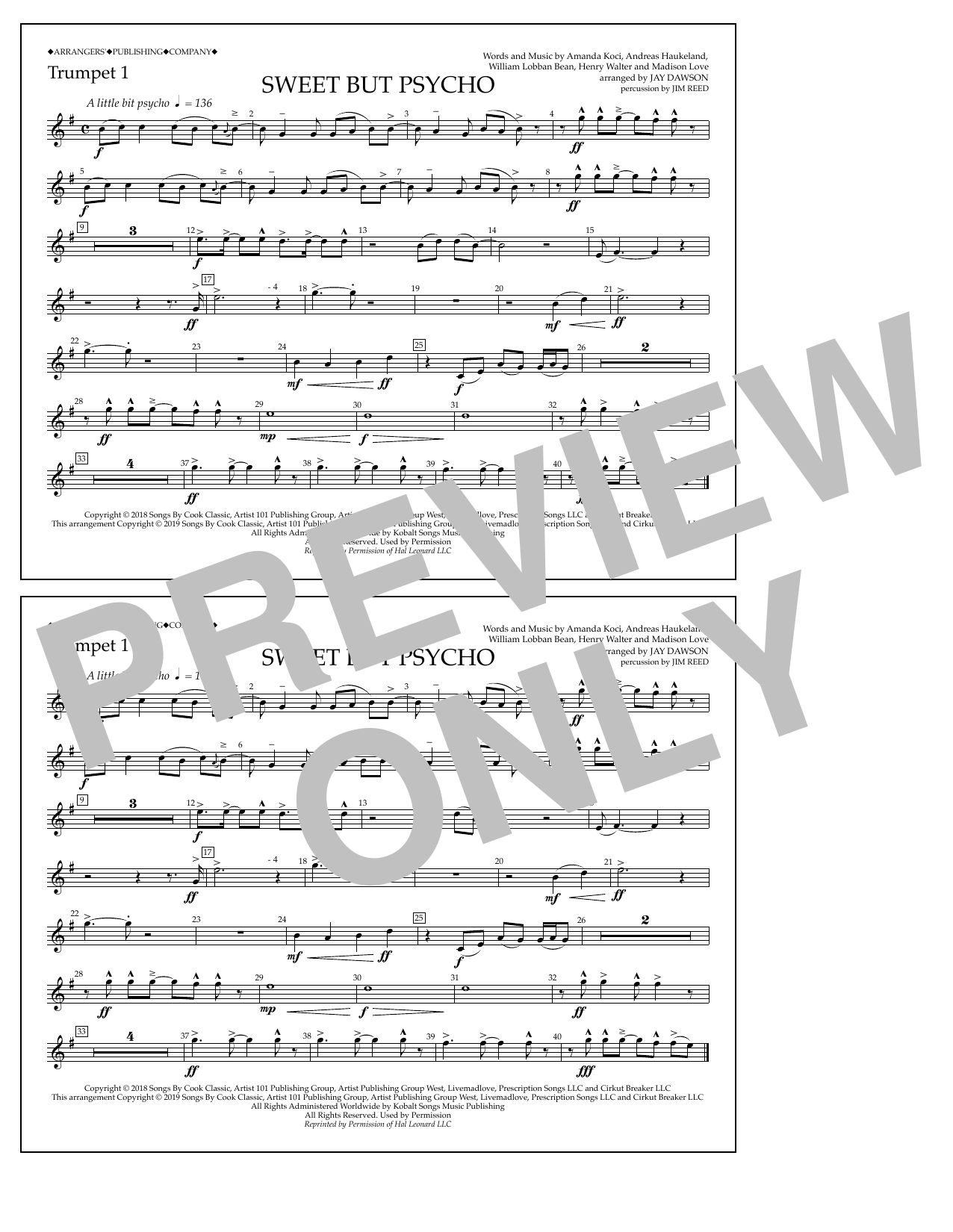 Download Ava Max Sweet But Psycho (arr. Jay Dawson) - Trumpet 1 Sheet Music and learn how to play Marching Band PDF digital score in minutes