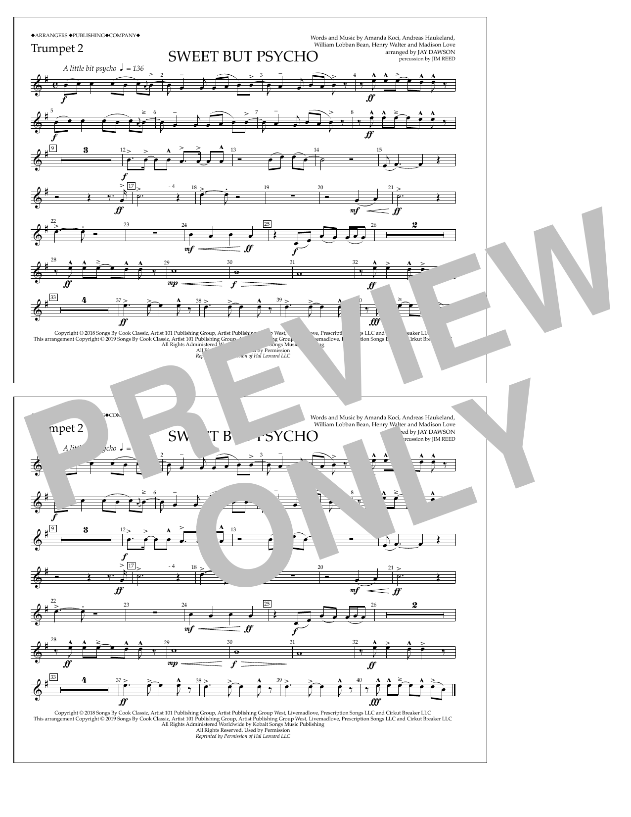 Download Ava Max Sweet But Psycho (arr. Jay Dawson) - Trumpet 2 Sheet Music and learn how to play Marching Band PDF digital score in minutes