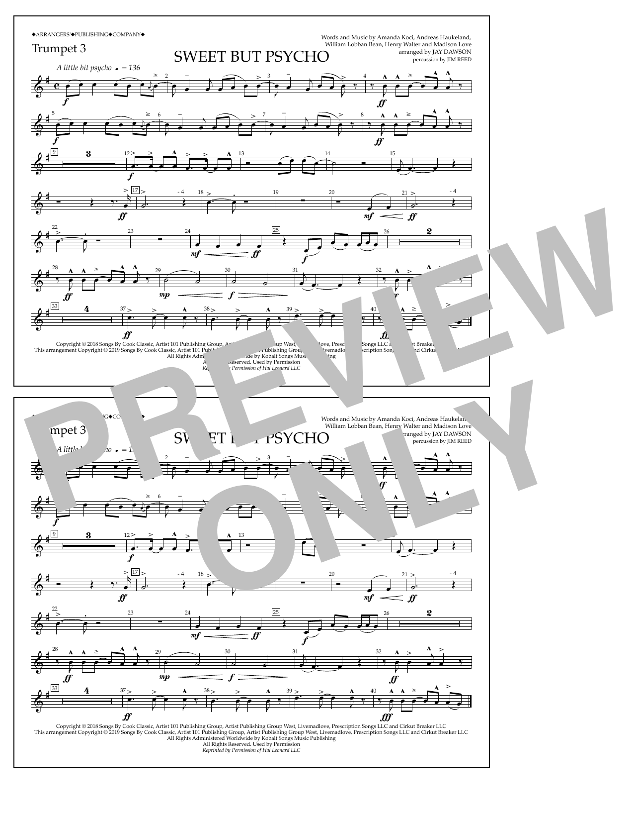 Download Ava Max Sweet But Psycho (arr. Jay Dawson) - Trumpet 3 Sheet Music and learn how to play Marching Band PDF digital score in minutes
