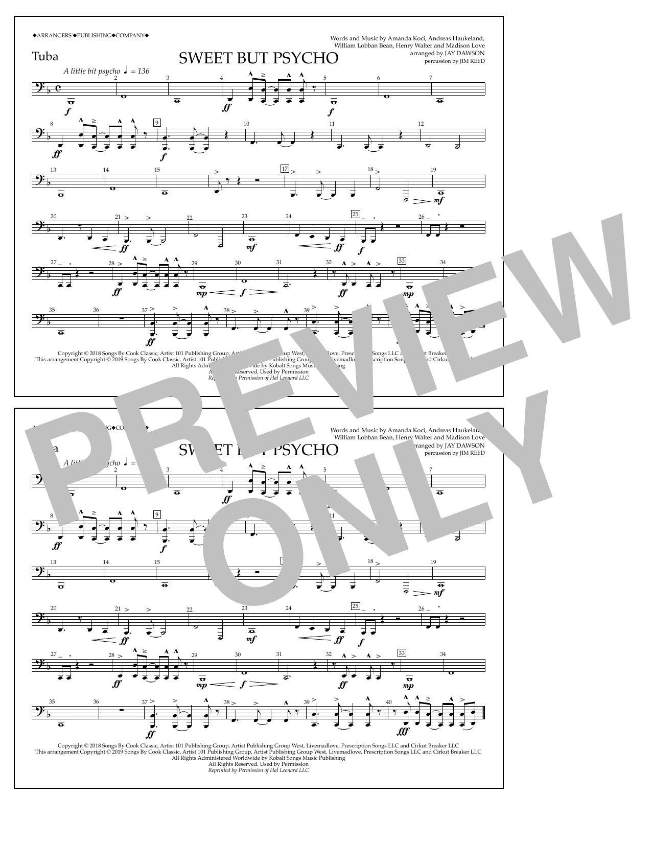 Download Ava Max Sweet But Psycho (arr. Jay Dawson) - Tuba Sheet Music and learn how to play Marching Band PDF digital score in minutes